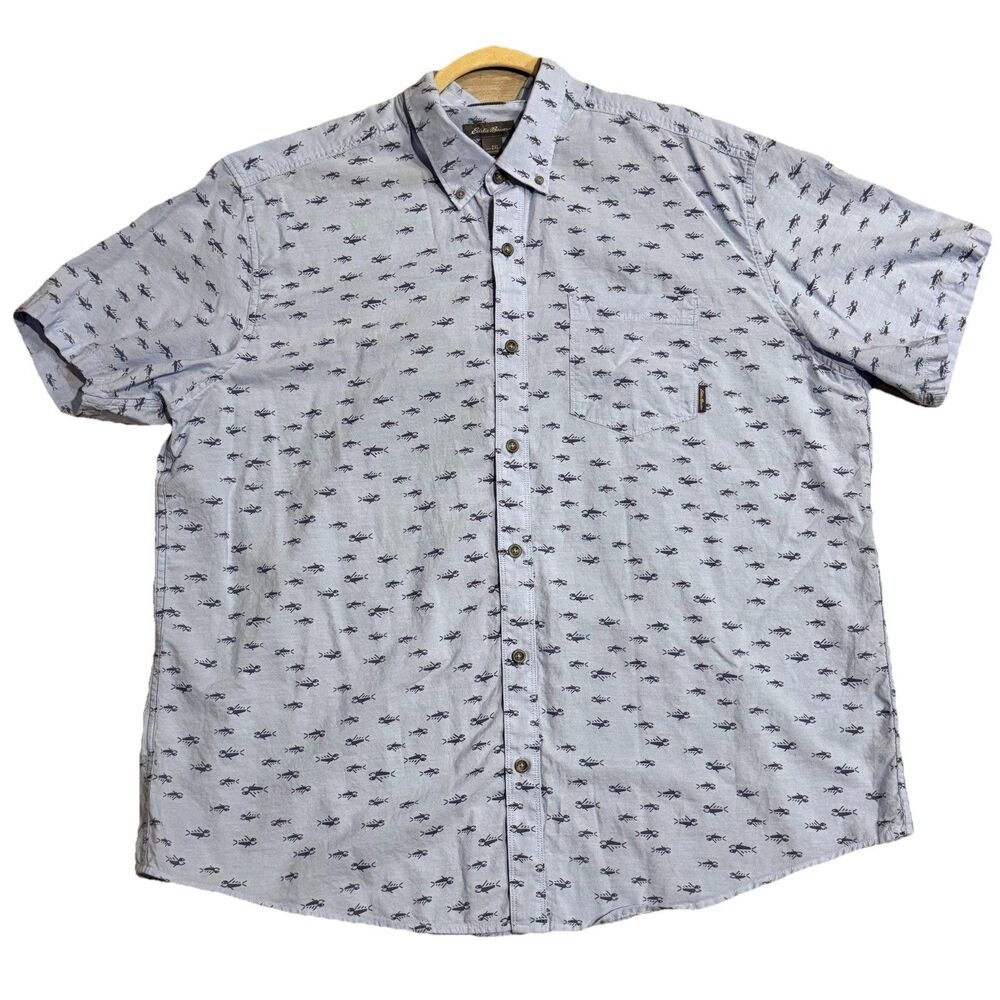Eddie Bauer Button Up Shirt Mens 2XL Blue Classic Fit Fish Print Cotton